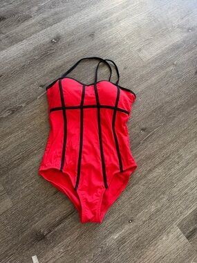 Jaggy Red Swimwear Tag with White Logo Stitch